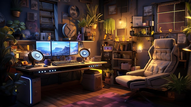 Sala de juegos con videojuegador nadie simula Neeon chill acogedor dormitorio de juegos