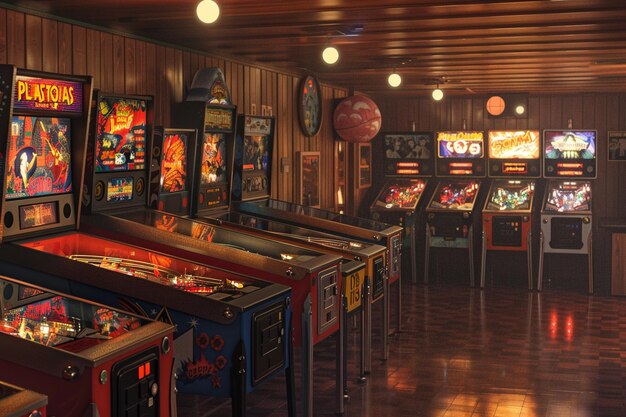 Foto sala de juegos vintage con máquinas de pinball clásicas