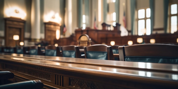 Foto sala de juicio con diseño de madera y filas de sillas de cuero negro.