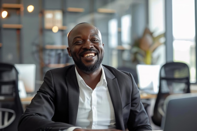 En la sala de juntas de la oficina un hombre de negocios africano lleva una expresión alegre que refleja su satisfacción y éxito