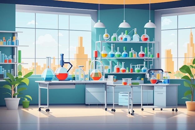 Sala de laboratorio moderna Lugar para investigación biológica y química Ciencia ingeniería genética Clase para enseñar a estudiantes en la universidad o alumnos en la escuela Ilustración vectorial plana de dibujos animados