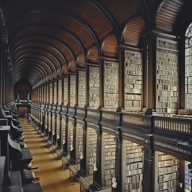 La sala larga en la biblioteca del Trinity College de Dublín, Irlanda