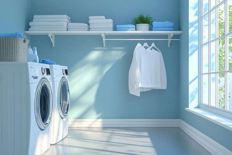 una sala de lavandería con una pared azul y una lavadora y secadora blancas