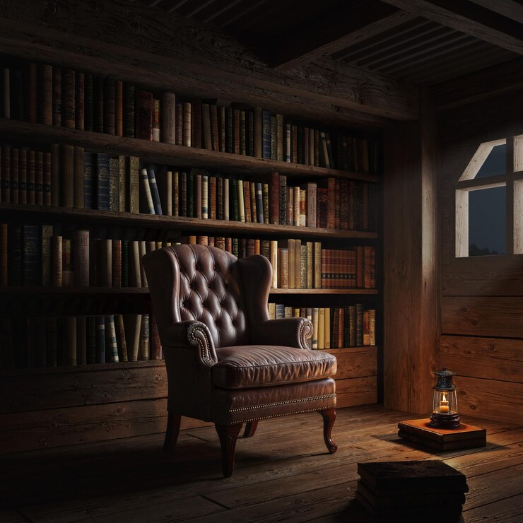 Sala de lectura en una antigua biblioteca o casa Silla de cuero de estilo vintage con lámpara antigua Sala de escena nocturna renderización 3D