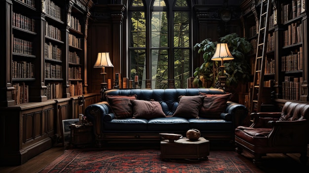 Foto sala de lectura en una antigua biblioteca o casa vibraciones oscuras ia generativa