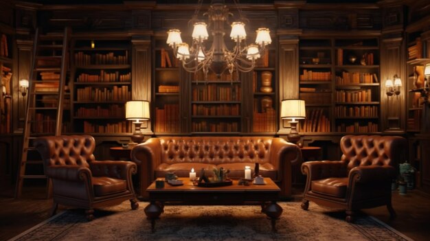 Una sala de lectura de estilo vintage en una antigua biblioteca o casa con sillones de cuero IA generativa