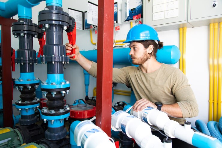 Sala de limpieza de piscinas. Servicio profesional y mantenimiento de la bomba de agua de la piscina. Hombre técnico trabajando.