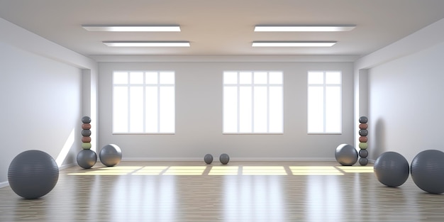 Foto sala de luz vacía para clases de fitness con pantallas de fitballs y otro equipo