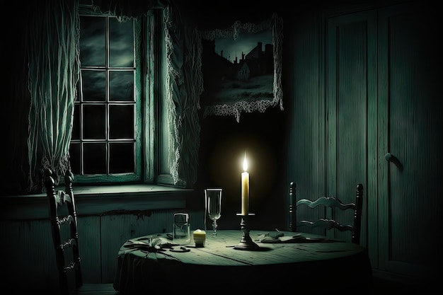 Foto sala mal iluminada com mesa e vela acesa na casa do horror