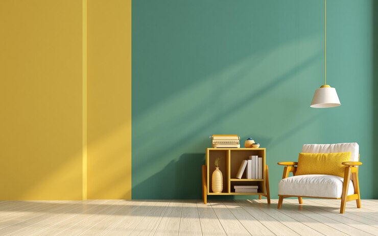 Sala de maquillaje en estilo moderno con armario de sillón en fondo de pared amarillo y verde