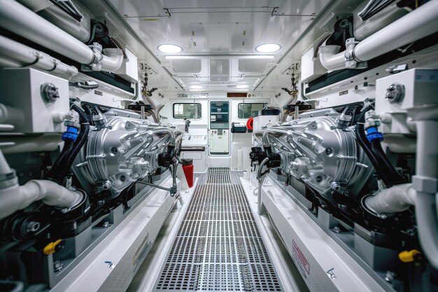 La sala de máquinas del barco está llena de muchos motores potentes.