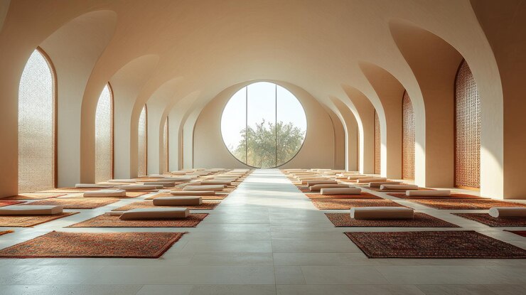 Sala de meditación serena con filas de esteras acolchadas ventanas arqueadas y una gran ventana redonda que muestra un jardín tranquilo