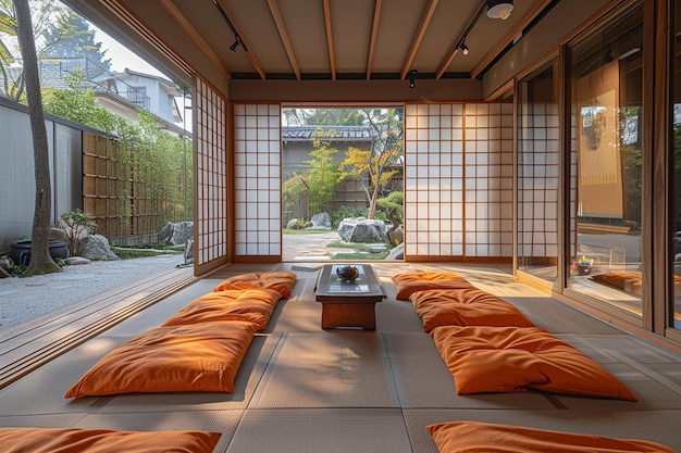 Sala de meditación Zen con esteras de tatami una mesa baja