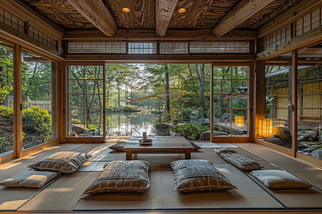 Sala de meditación Zen con esteras de tatami una mesa baja