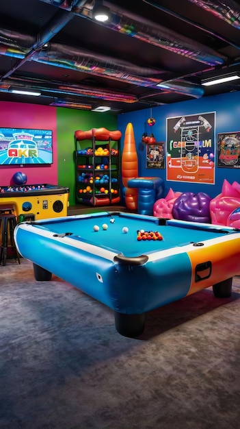 Sala con mesas de billar, máquinas de arcade y juegos