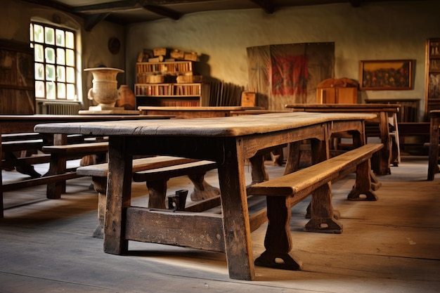 Sala y mesas y sillas de aspecto vintage con peso de madera y tonos de café en él Generativo ai