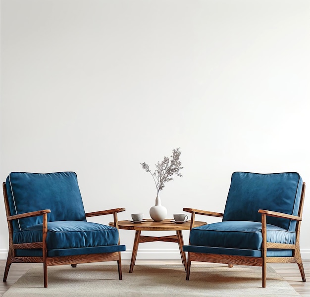Sala minimalista azul de mediados de siglo sillones de primer plano pared blanca plantilla de maqueta interior para arte de pared
