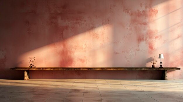 Foto sala minimalista com paredes de textura rosa, luz solar, sombras, mesa de madeira e vaso floral vibrante.