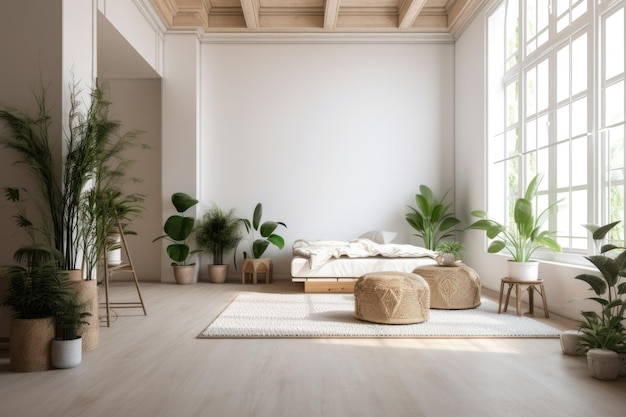 Sala minimalista com vegetação exuberante e luz natural criada com ai gerativa