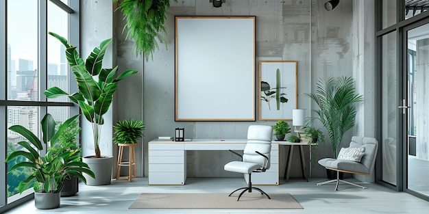 Sala moderna com plantas de cadeiras de secretária e moldura de imagens