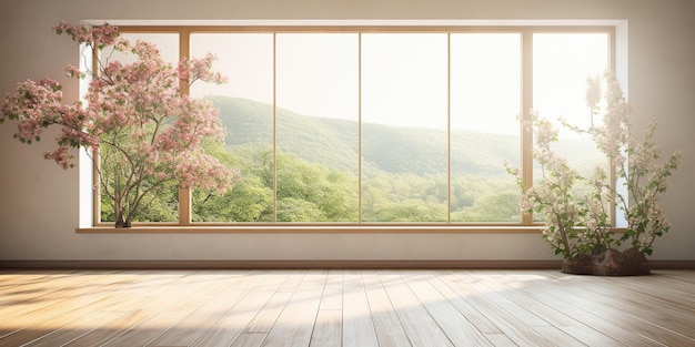 Sala moderna vazia e leve com uma paisagem de primavera na janela