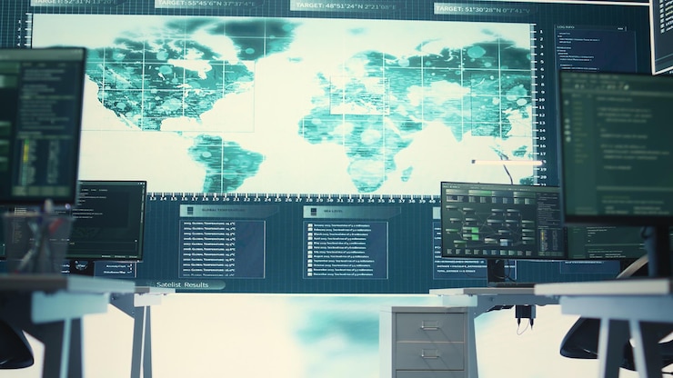Foto sala de monitoreo de seguridad cibernética con equipos de alta tecnología