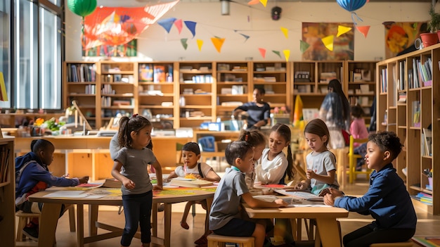 Sala movimentada de criatividade Um vislumbre das atividades pós-escolares das crianças