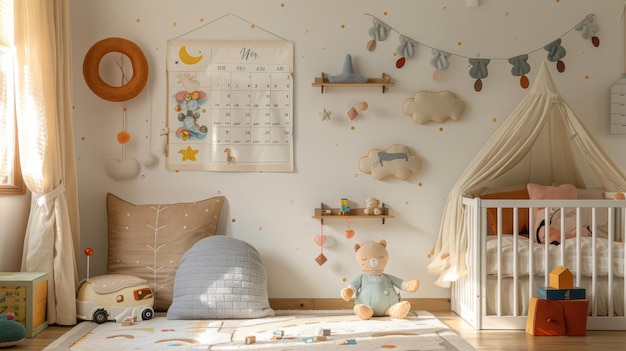 Sala de niños brillante y alegre con juguetes y calendario del año del caballo destacado en la pared