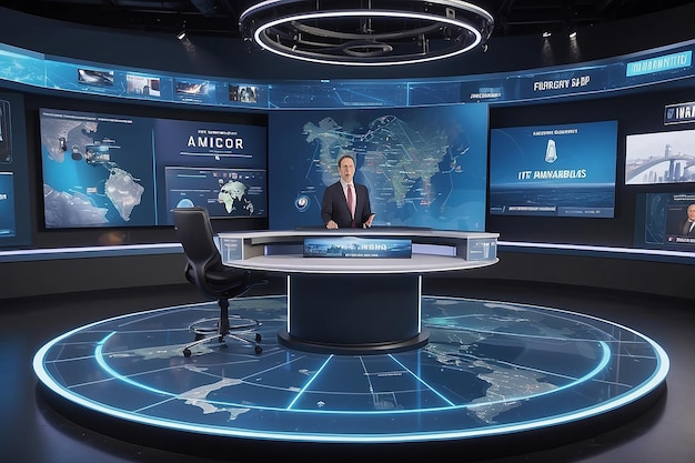 sala de noticias virtual con pantallas holográficas interactivas que el presentador puede manipular durante la transmisión