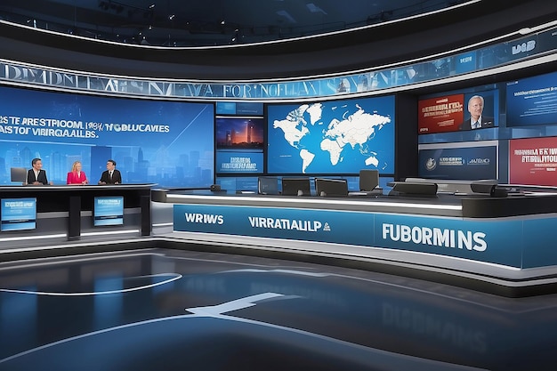 Foto sala de noticias virtual con titulares de noticias animados flotantes que forman un telón de fondo visualmente impresionante