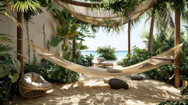 Sala de oasis de la isla a la sombra de una hamaca tejida rodeada de exuberante vegetación y el relajante