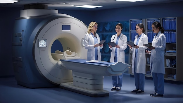 Foto sala de observación médica con un tomógrafo por computadora el grupo de mujeres doctores con tablones