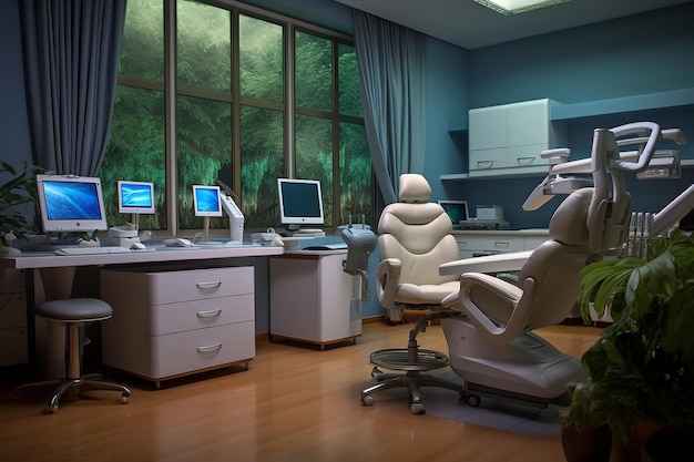 Sala odontológica moderna e acessórios usados por dentistas generative ai