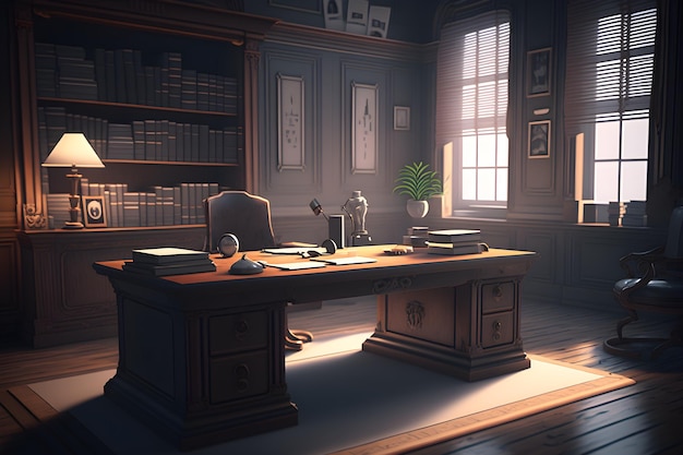 Una sala de oficina con arquitectura de estilo clásico, escritorio de madera vintage y estantería en el fondo rico
