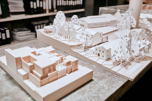 Sala de oficina y arquitectura con modelo en 3D para infraestructura de diseño de edificios o planificación urbana Trabajo vacío e interior con prototipo de propiedad para proyecto o desarrollo de remodelación de detalles