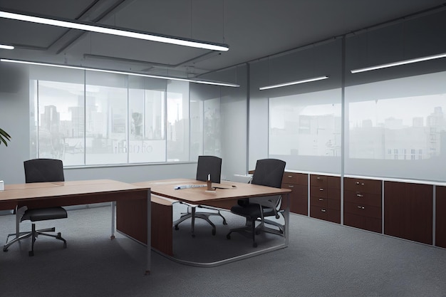 Sala de oficina con muebles para empleados Mesas y sillas de maqueta de sala de oficina Interior de espacio abierto