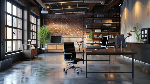 Sala de oficina con pared de ladrillo y muebles de oficina
