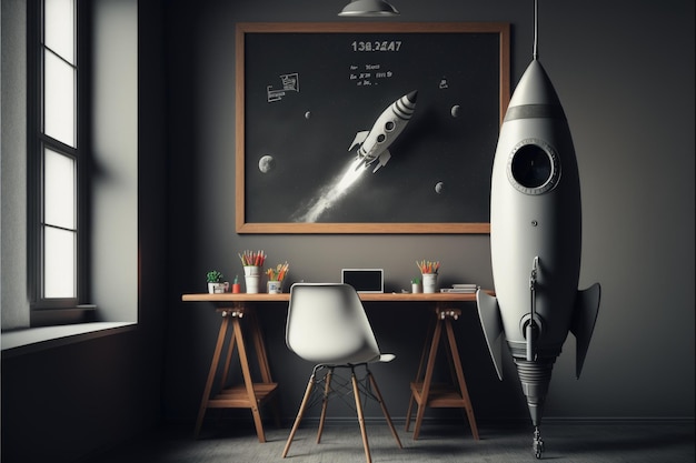 Sala de oficina con pizarra con concepto de creación de inicio de cohetes AI