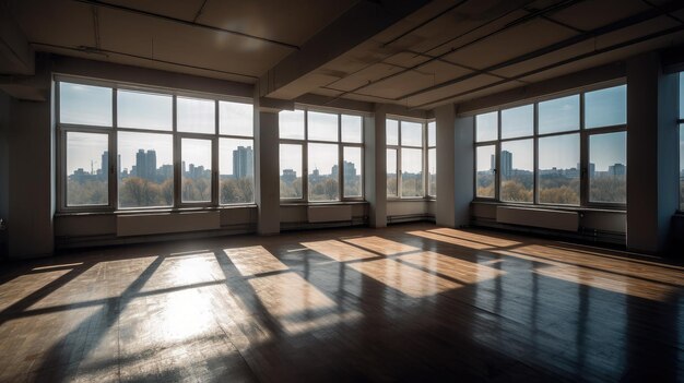 Sala de oficina vacía con luz solar que pasa a través de grandes ventanas imagen de espacio en blanco de la oficina corporativa