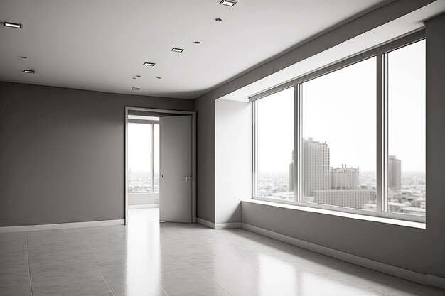 Sala de oficina vacía con vista a la ciudad e interior gris brillante