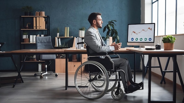 Foto sala de oficinas financieras vacía con silla de ruedas para discapacitados paralizados personas inválidas en negocios compa