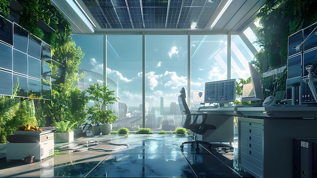 Sala de oficinas futurista en un edificio alimentado por energía solar que muestra energía sostenible y tecnología avanzada