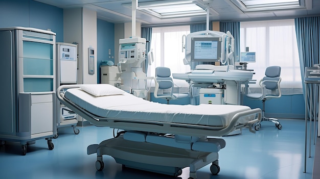 Sala de operaciones vacía del hospital con cama de cirugía y luz de cirugía IA generativa