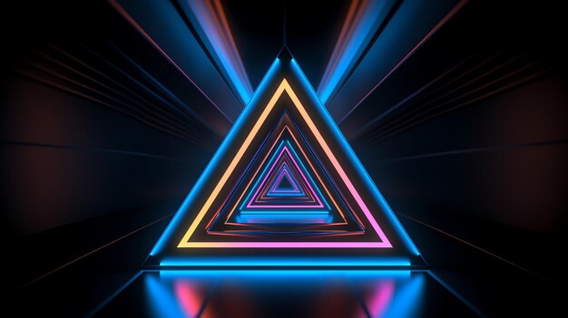 Foto sala oscura con luces de neón y piso triangular ideal para proyectos de diseño futurista misterioso o sci-fi que necesitan una vibración nerviosa