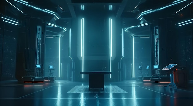 Sala oscura de pasillo futurista de ciencia ficción abstracta en la estación espacial con fondo de luces de neón brillante