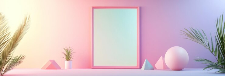 Foto sala pastel minimalista con un marco rosado formas geométricas y plantas tropicales