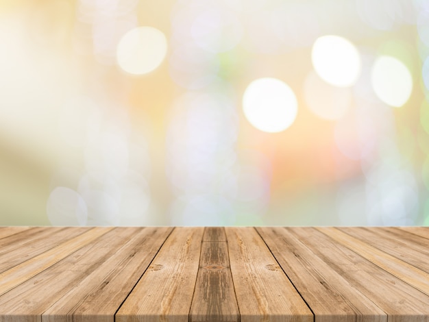 Sala de perspectiva vacía con pared de bokeh brillante y piso de tabla de madera