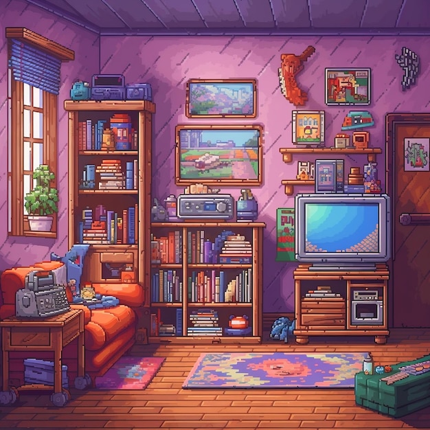 Sala de Pixel Art de 16 bits con IA generativa de TV y libros