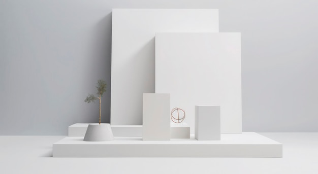 Sala de podio minimalista en 3D con formas simples.