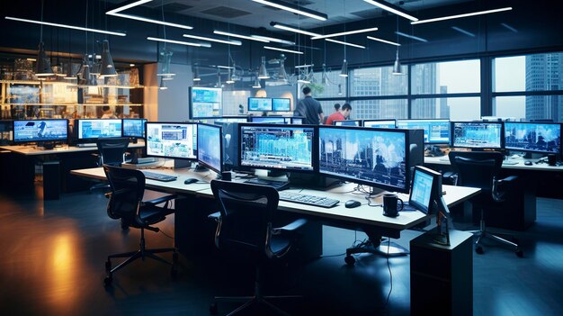 Sala de prensa con computadoras y monitores
